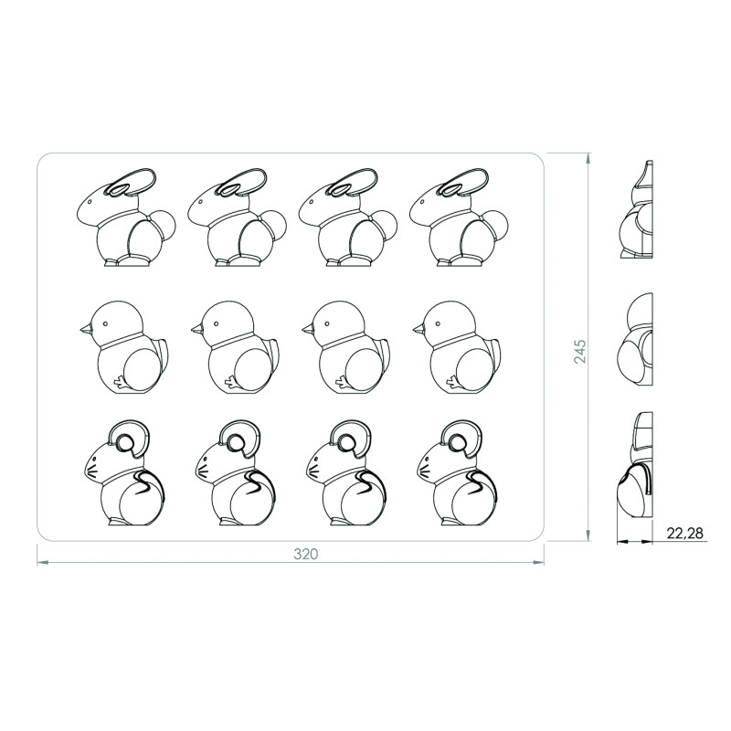 8 MOULES BOUCHEE ANIMAUX 4X3 SOURIS / POUSSIN / LAPIN